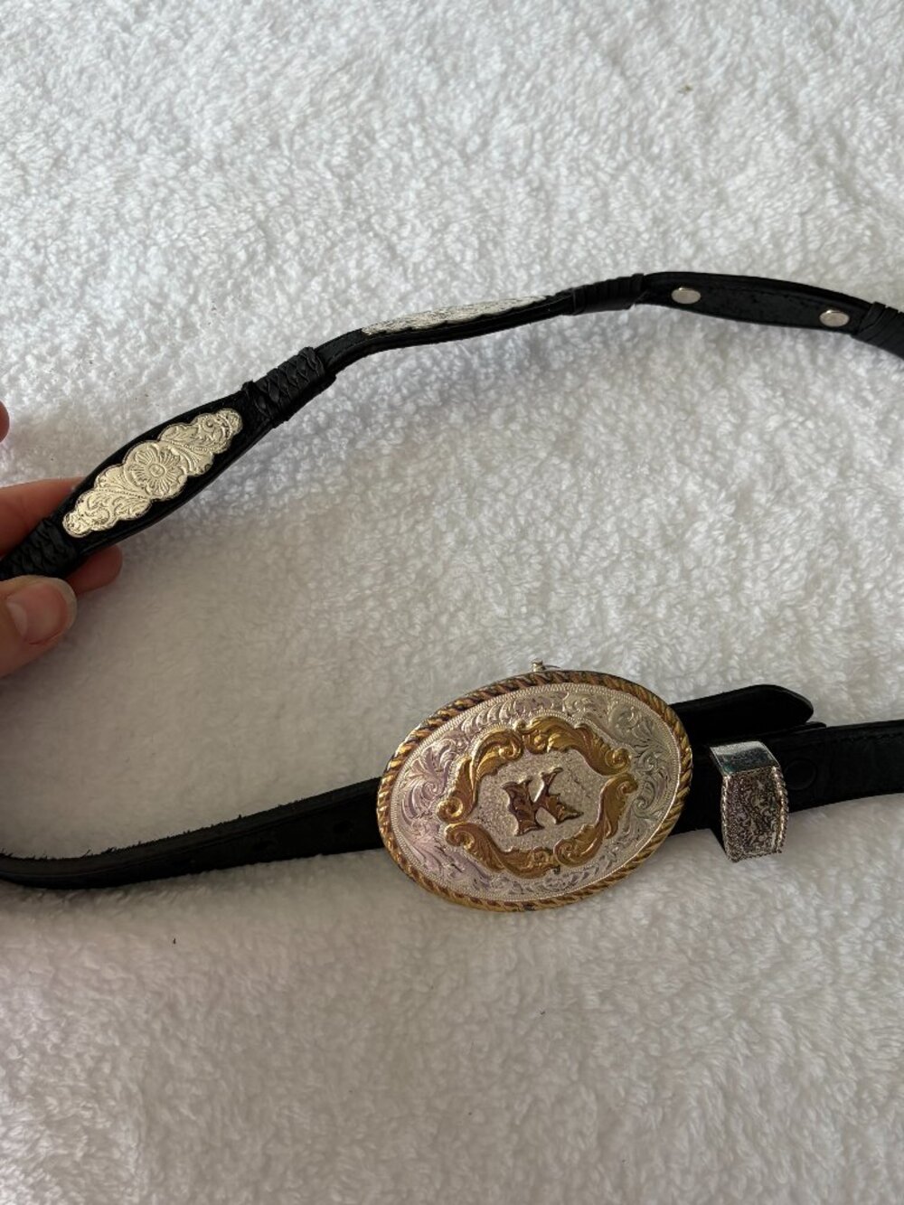 "K" Montana Silversmiths Resistol Black Leather Concho Buckle Belt Women's Small